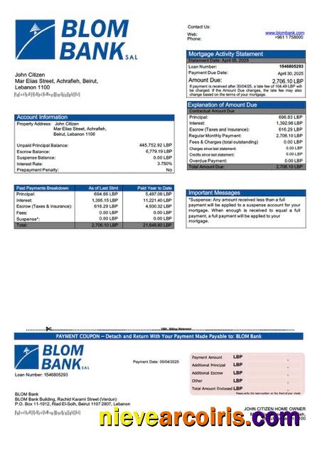 Lebanon BLOM Bank mortgage statement Word and PDF template